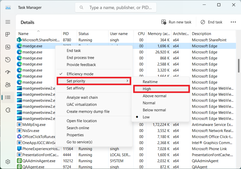 Set process priority in Task Manager