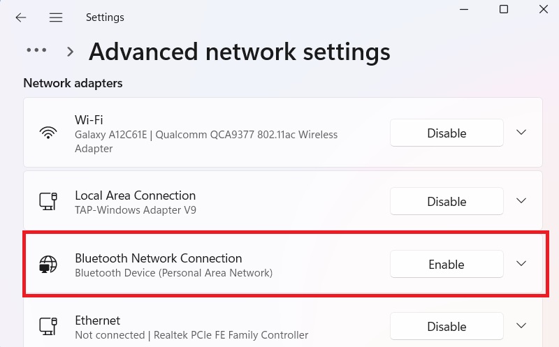 Enable the disabled Bluetooth network connection through "Advanced Network Settings" in Windows.