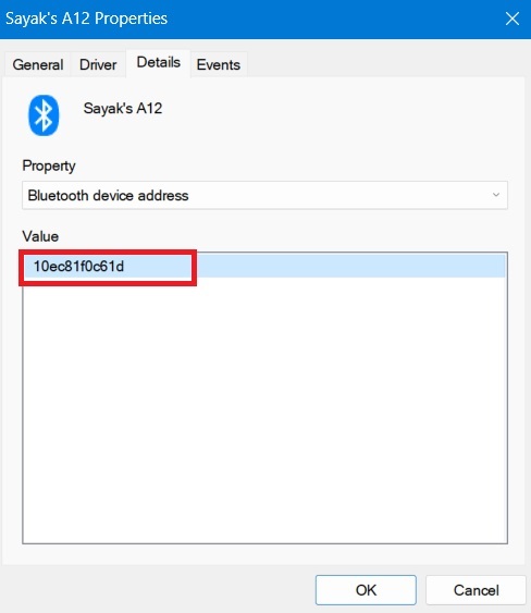Bluetooth Device address of a Bluetooth device viewed in Windows Device Manager reflecting Device ID Profile.