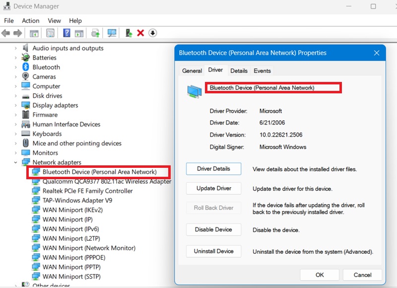 Bluetooth Device Personal Area Network visible in Windows Device Manager.