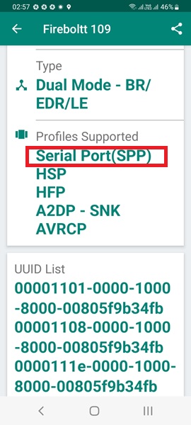 Serial Port Profile (SPP) visible for a smartwatch named Firebolt 109.