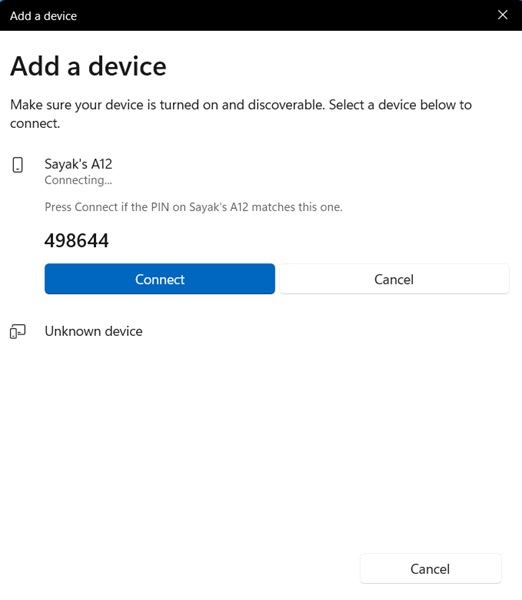 Add a Bluetooth device in Windows by matching PIN. 