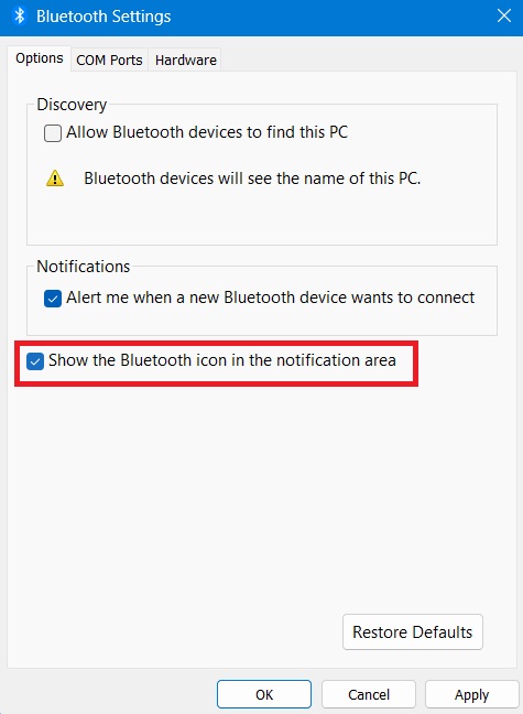 Show Bluetooth icon in notifications area. Turn on the signal. 