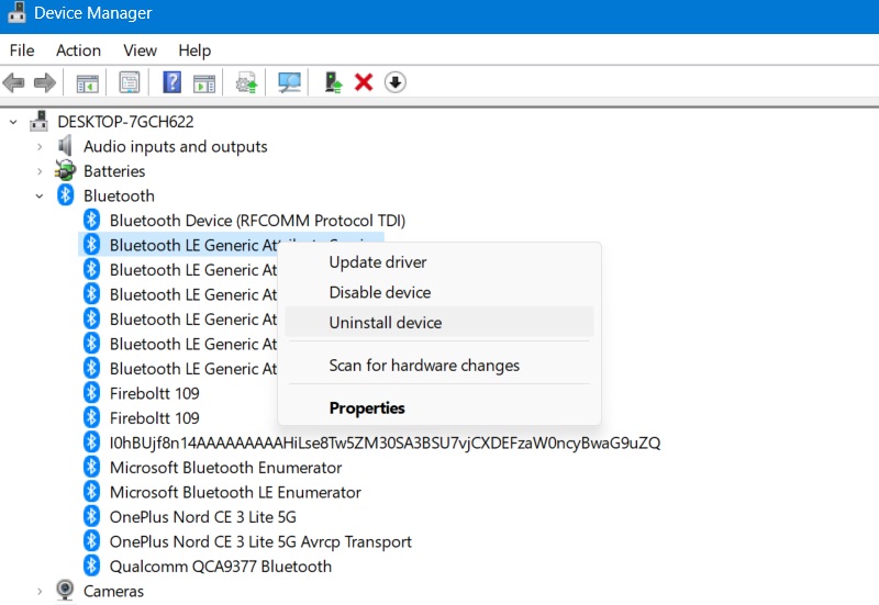 Uninstall Bluetooth device from Windows Device Manager.