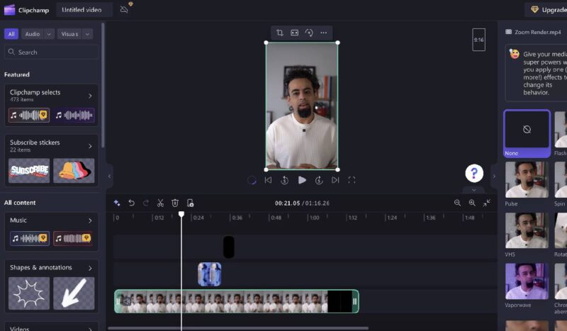 Clipchamp Video Editor showing the timeline view with filters and audio additions. 
