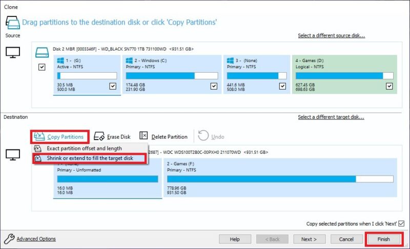 Macrium Reflect choosing cloning options
