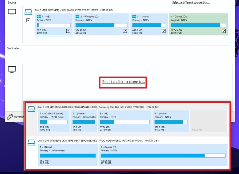 Macrium Reflect choosing the target disk for cloning Windows 10
