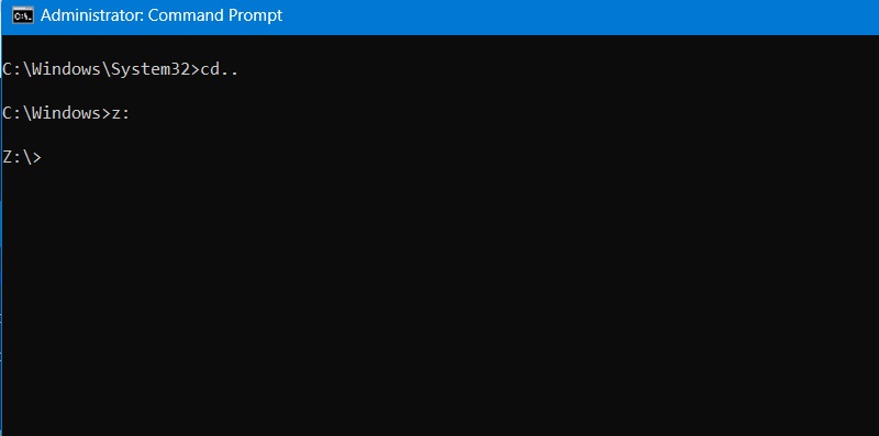 Changing from C to Z drive in Command Prompt using CD command.
