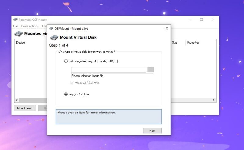 Creating RAM disk using OSFMount