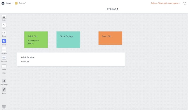 Milanote Screenboarding tool showing the process flow for planning a video