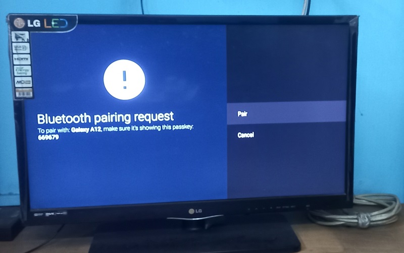 Bluetooth pairing request on a television device.