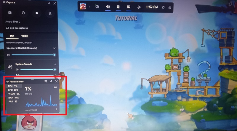 Using Game Bar to check LIVE RAM performance during a game.
