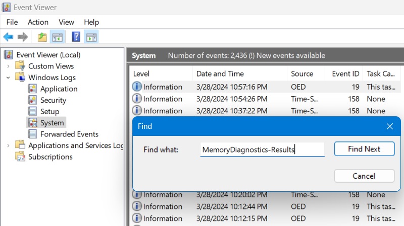Windows Memory Diagnostics seen in Event Viewer using "MemoryDiagnostics-Results" in Find option.
