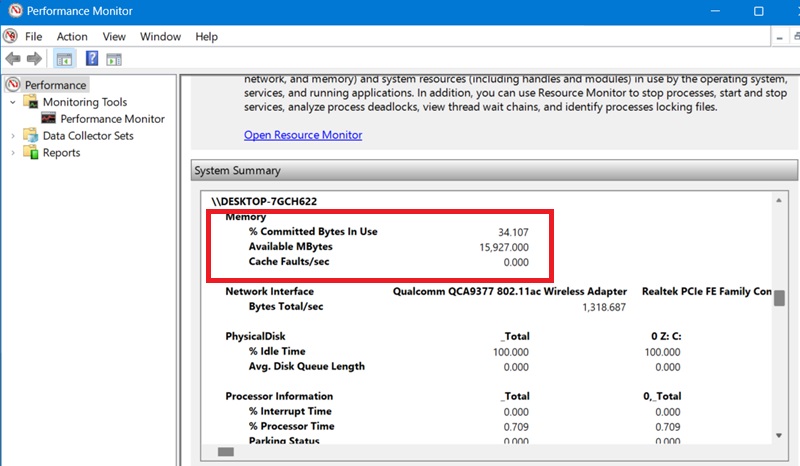 Memory overview in Performance Monitor app.