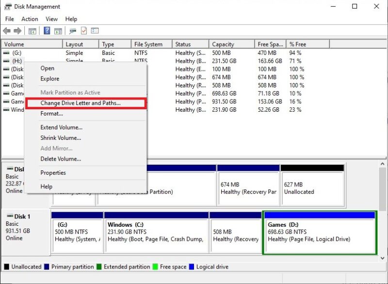 Windows Disk Management change drive letter