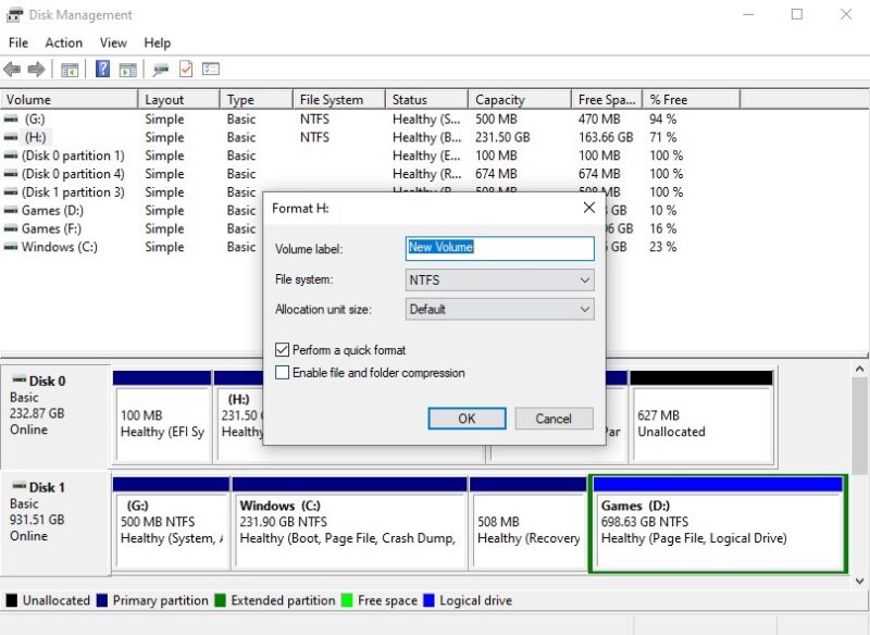 Windows Disk Management formatting SSD