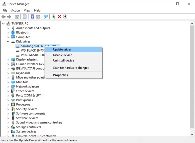 Device Manager updating SSD drivers