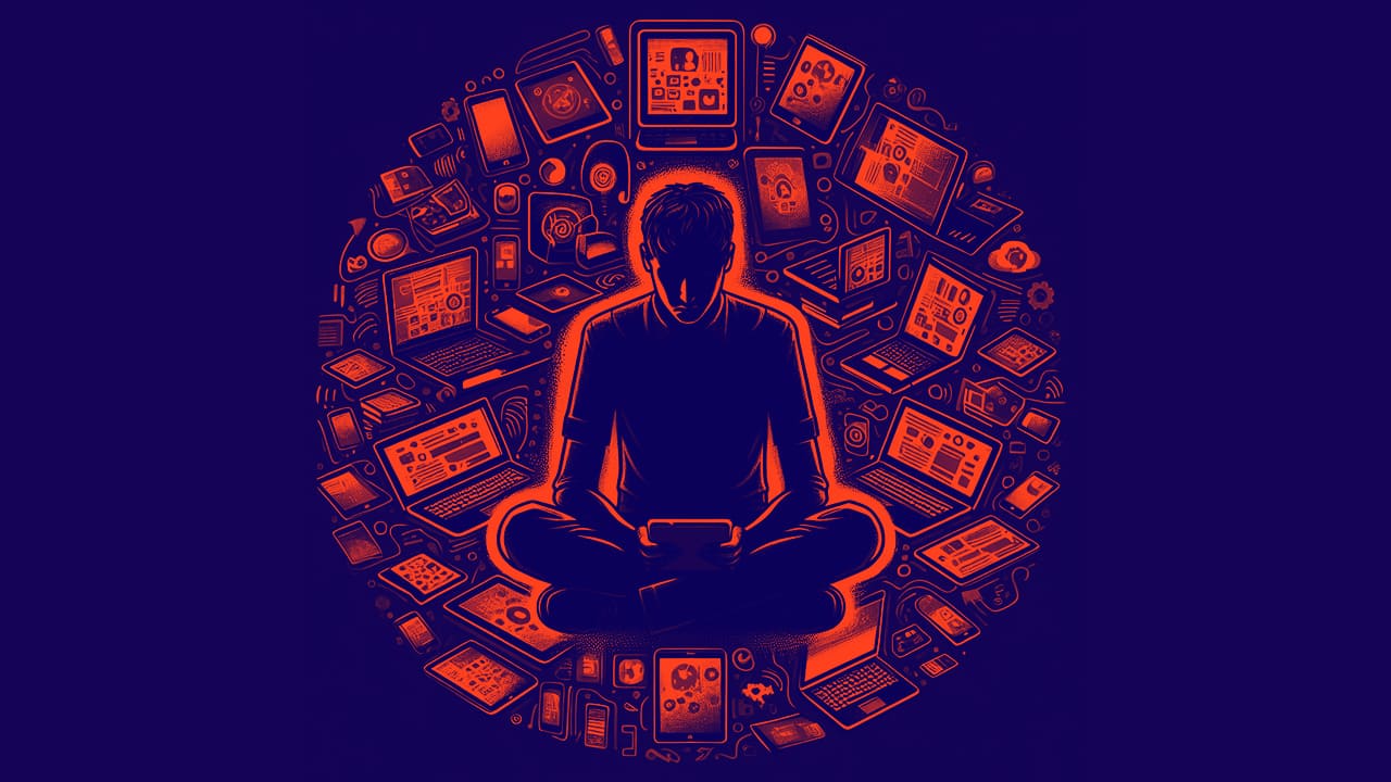Illustration depicting person addicted to screens. Image by Dall E 3