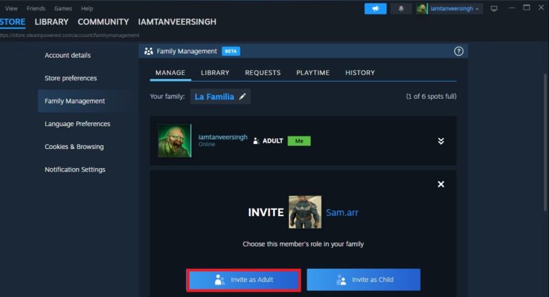 Adding Steam Family member as adult or child