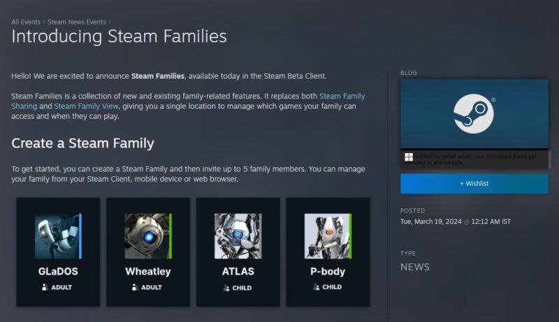 Steam Families announcement