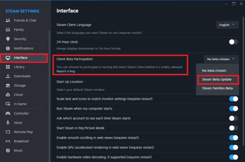 Steam settings showing joining the beta client