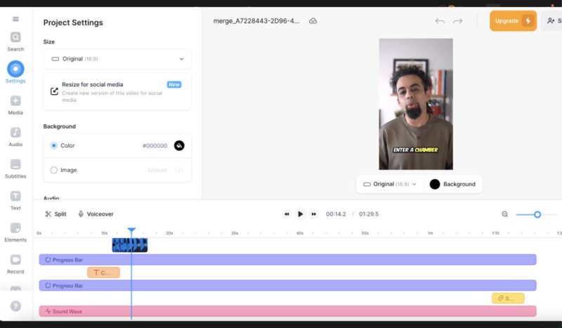 Veedio Online Video Editor showing timeline view and project resizing options. 