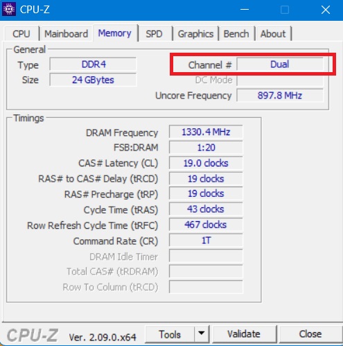 Determining the dual channel status using CPU-Z tool.