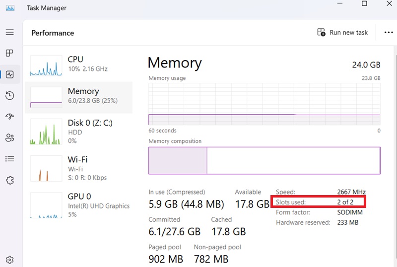 Identifying Dual Channel RAM number of slots using Task Manager.