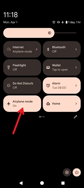Turning off Airplane Mode via Android Quick Settings. 