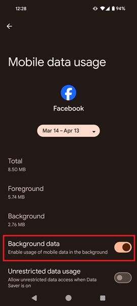 Enabling Background data toggle under app in App settings page.