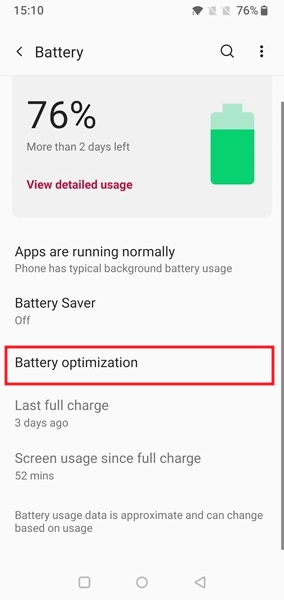 Tapping on Battery optimization option under Battery in Settings. 