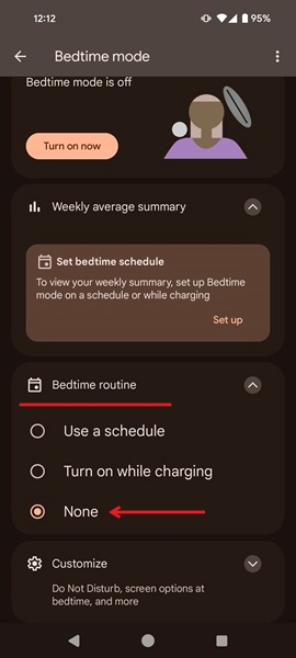 Disabling Bedtime mode in Android Settings. 