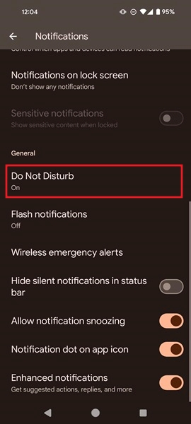 Turning off Do Not Disturb mode under Notifications on Android. 