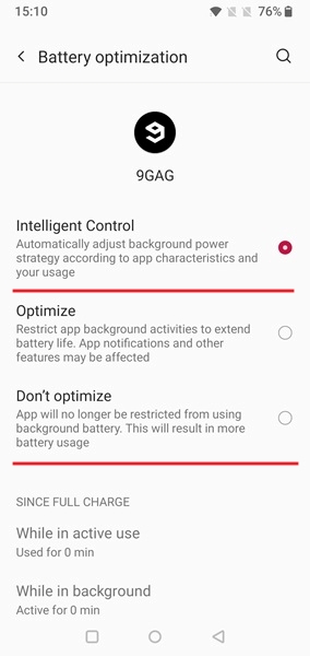 Battery optimization options for app in Android Settings. 