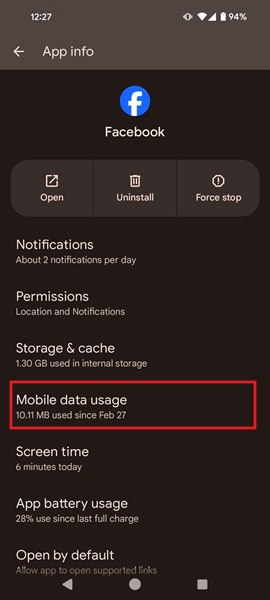 Tapping on Mobile data usage under app in Settings.