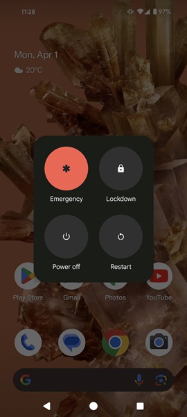 Power menu on Android device showing Restart option. 