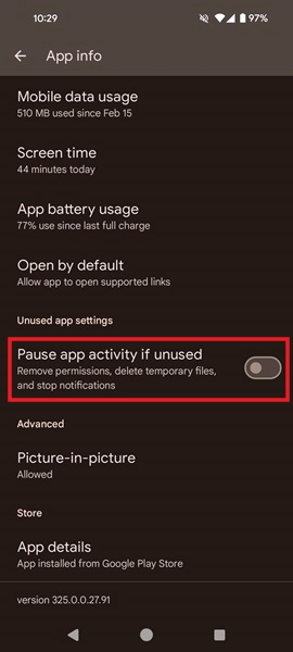Disabling the option to Pause app activity if unused in Android Settings. 