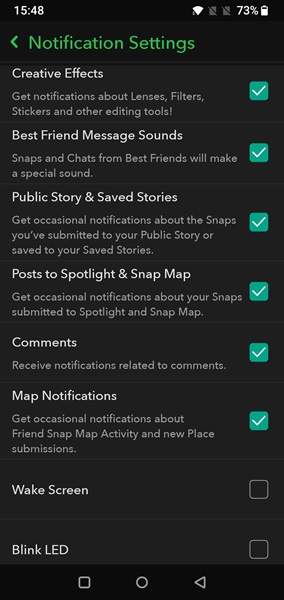 Enabling various notifications in Snapchat app. 