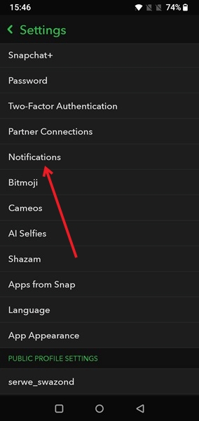 Tapping on Notifications in Snapchat's Settings section. 