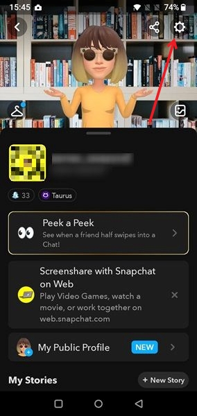 Tapping on Settings in Snapchat app. 