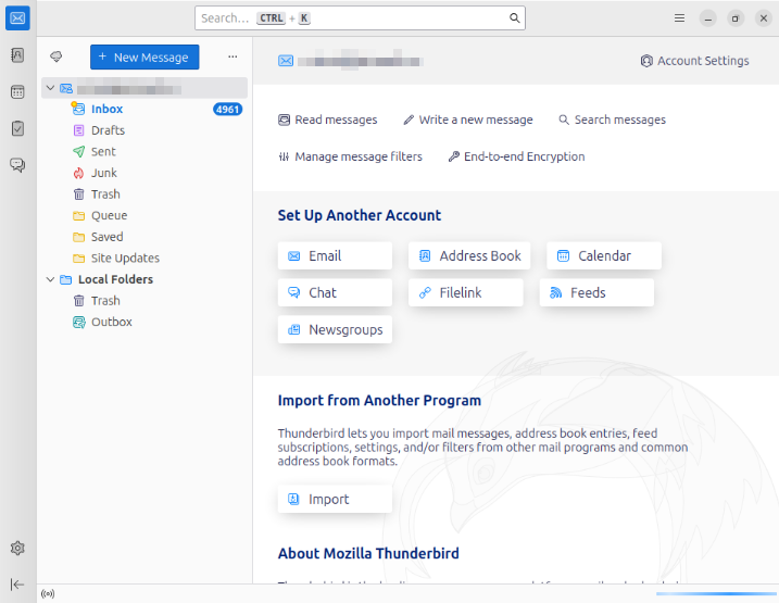A screenshot of Mozilla Thunderbird running with a single email account.