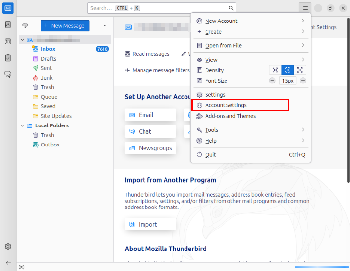 A screenshot highlighting the "Account Settings" option in Thunderbird.