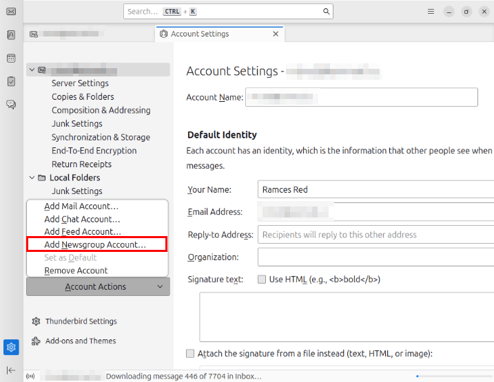 A screenshot highlighting the "Add Newsgroup Account..." in Mozilla Thunderbird.