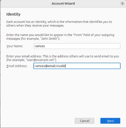 A screenshot showing a sample identity for the newsgroup account in Thunderbird.