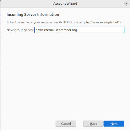 A screenshot showing the address for the USENET provider in Thunderbird.