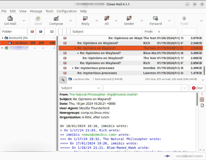 A screenshot showing a working session of Claws Mail.