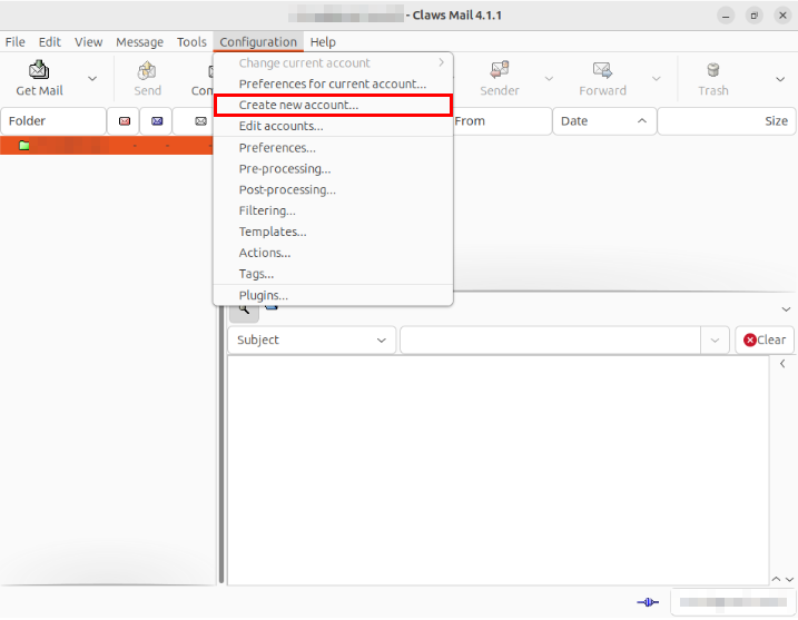 A screenshot highlighting the "Create new account..." option in Claws Mail.