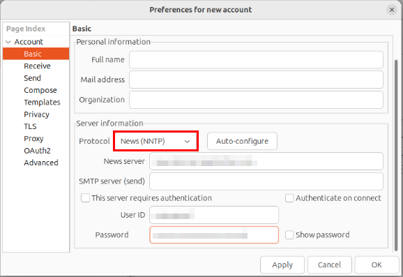A screenshot highlighting the "Protocol" dropdown list in Claws Mail.