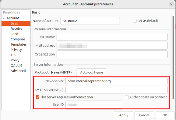 A screenshot highlighting the USENET provider's details as well as the user's account details.