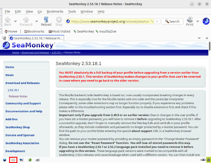 A screenshot highlighting the "Mail" module on the SeaMonkey browser's lower left corner.
